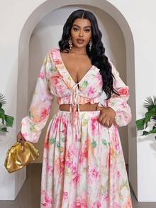 Veslaya Spring/Summer Romantic Casual Elegant Floral Print Cropped Top And Skirt Set Vacation Beach Wedding Guest Party Date Plus Size Floral White - Multicolor - View 8