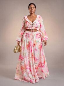 Veslaya Spring/Summer Romantic Casual Elegant Floral Print Cropped Top And Skirt Set Vacation Beach Wedding Guest Party Date Plus Size Floral White - Multicolor - View 1