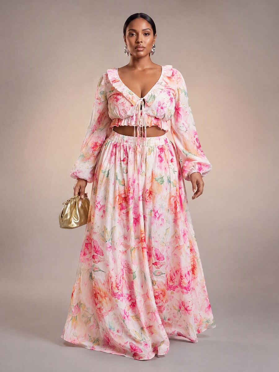 Veslaya Spring/Summer Romantic Casual Elegant Floral Print Cropped Top And Skirt Set Vacation Beach Wedding Guest Party Date Plus Size Floral White - Multicolor - View 1