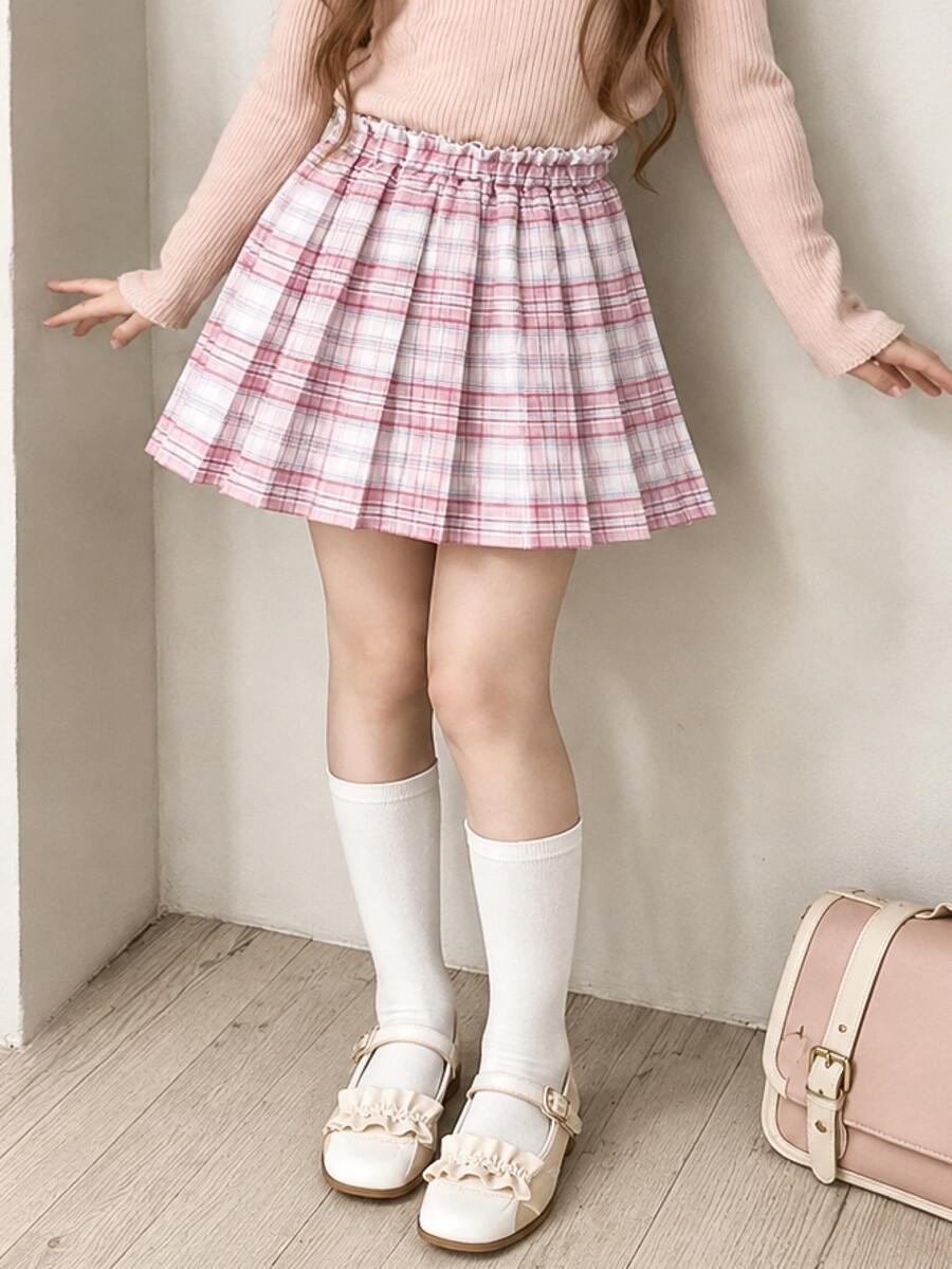 青少年女孩秋季白色與粉色格紋迷你百褶聚酯纖維飄逸女款經典易打理休閒可愛美式校園風裙 - 珊瑚粉 - 查看 1