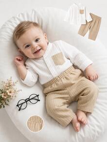 SHEIN Newborn Baby Boy Gentleman-Style Long Sleeve Set, Soft Form 2016 Aesthetic Artistic Casual Wear For Infants In Spring And Autumn, White Beige Suit - Khaki - View 2