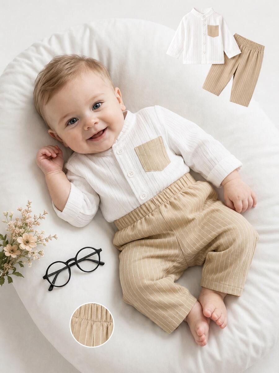 SHEIN Newborn Baby Boy Gentleman-Style Long Sleeve Set, Soft Form 2016 Aesthetic Artistic Casual Wear For Infants In Spring And Autumn, White Beige Suit