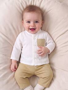 SHEIN Newborn Baby Boy Gentleman-Style Long Sleeve Set, Soft Form 2016 Aesthetic Artistic Casual Wear For Infants In Spring And Autumn, White Beige Suit - Khaki - View 5