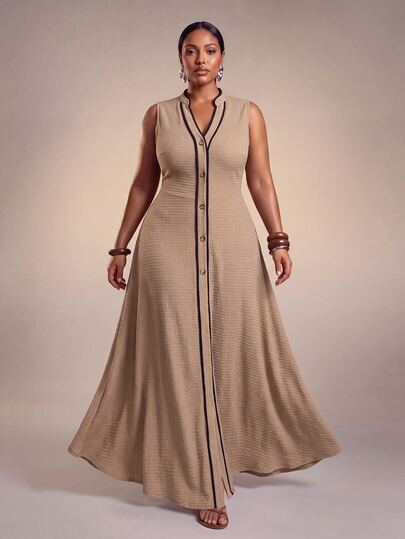 Veslaya Gaun Maxi A-Line Leher V Hitam Elegan Ukuran Plus untuk Wanita Musim Panas, Tanpa Lengan, Cocok untuk Pesta Teh, Brunch, Formal, Kantor, Khaki Kasual Kelas Atas