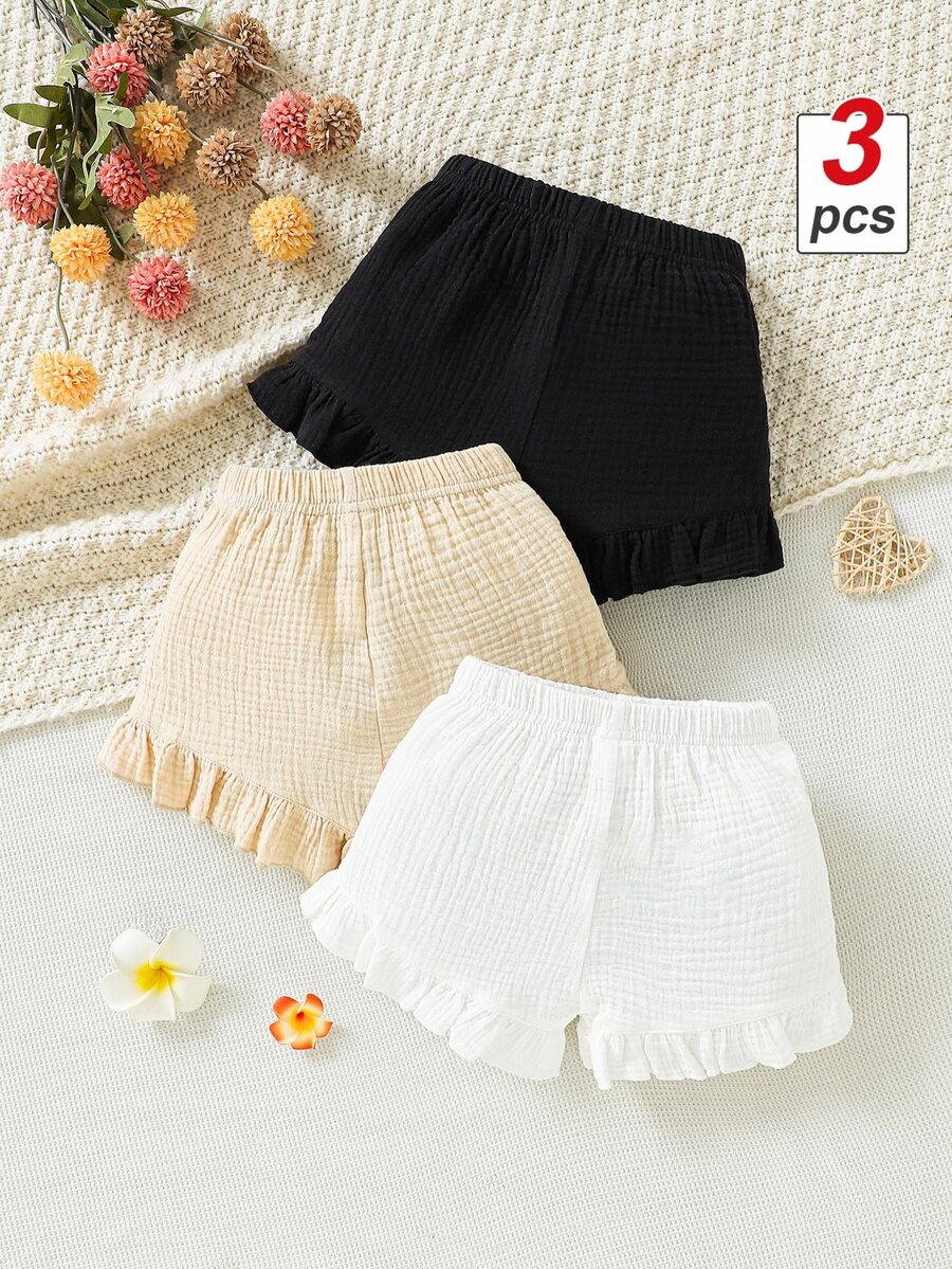 SHEIN Vintaside Kids 3入組/包嬰兒女孩純色荷葉邊短褲 - 彩色 - 查看 1