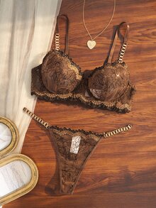 Divavoom European & American Luxury Style Black & Gold Embroidered Women's Lingerie Set, Metal Chain Adjustable Strap Underwire Bra & Low Waist Thong Set, 2 Pieces - Coffee Brown - View 6