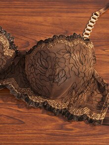 Divavoom European & American Luxury Style Black & Gold Embroidered Women's Lingerie Set, Metal Chain Adjustable Strap Underwire Bra & Low Waist Thong Set, 2 Pieces - Coffee Brown - View 4