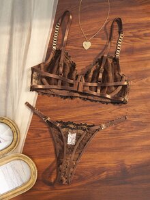 Divavoom European & American Luxury Style Black & Gold Embroidered Women's Lingerie Set, Metal Chain Adjustable Strap Underwire Bra & Low Waist Thong Set, 2 Pieces - Coffee Brown - View 2