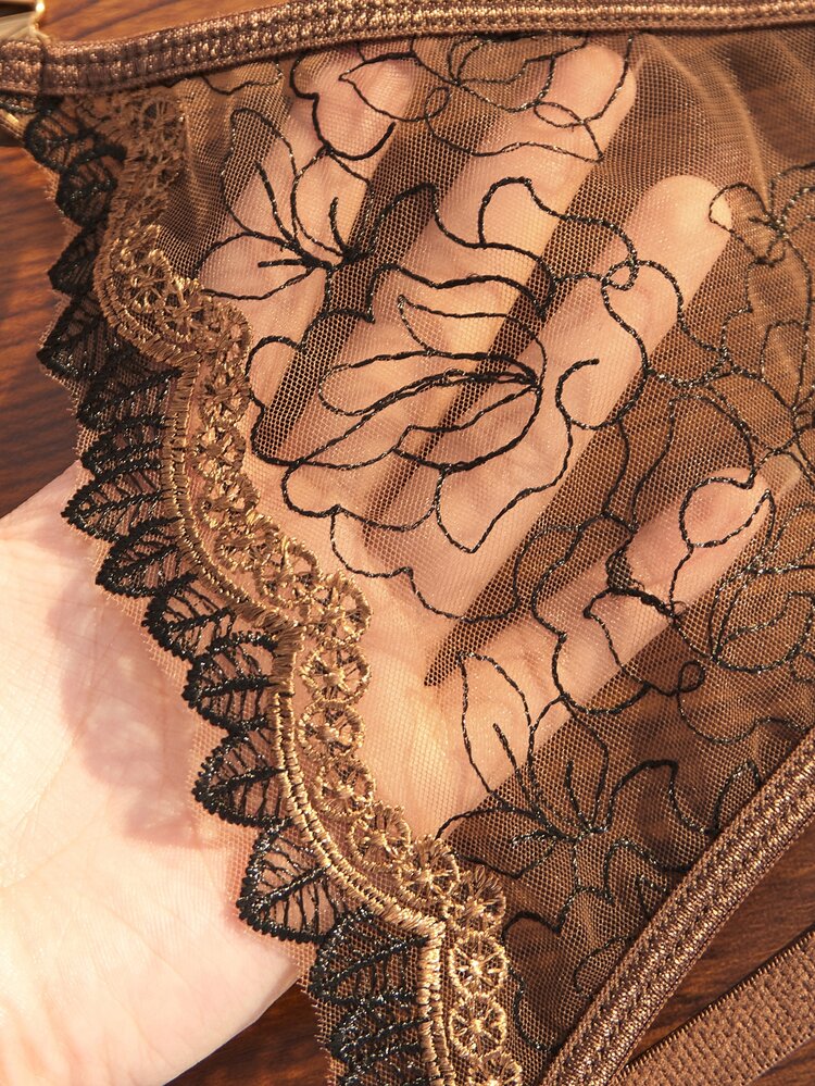 Divavoom 歐美奢華風黑金刺繡女款內衣套裝，金屬鍊條可調式肩帶鋼圈內衣與低腰丁字褲套裝，2件組 - 咖啡棕 - 查看 8