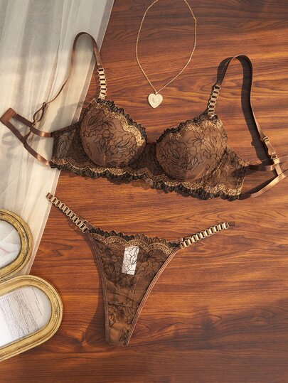 Divavoom European & American Luxury Style Black & Gold Embroidered Women's Lingerie Set, Metal Chain Adjustable Strap Underwire Bra & Low Waist Thong Set, 2 Pieces