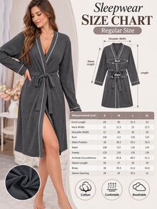 SHEIN Cottnline رداء نوم نسائي محبوك مضلع بحواف متباينة مع حزام وأكمام طويلة، ملابس منزلية للنوم، رمادي داكن، خريفي، محتشم وبسيط - رمادي - مشاهدة 9
