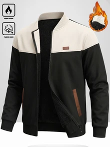 Manfinity CasualCool Men's Colorblock Patchwork Baseball Jacket, Thick Fleece Lining Stand Collar Zip-Up Jacket, Casual Versatile Outerwear For Autumn/Winter - Multicolor - View 4