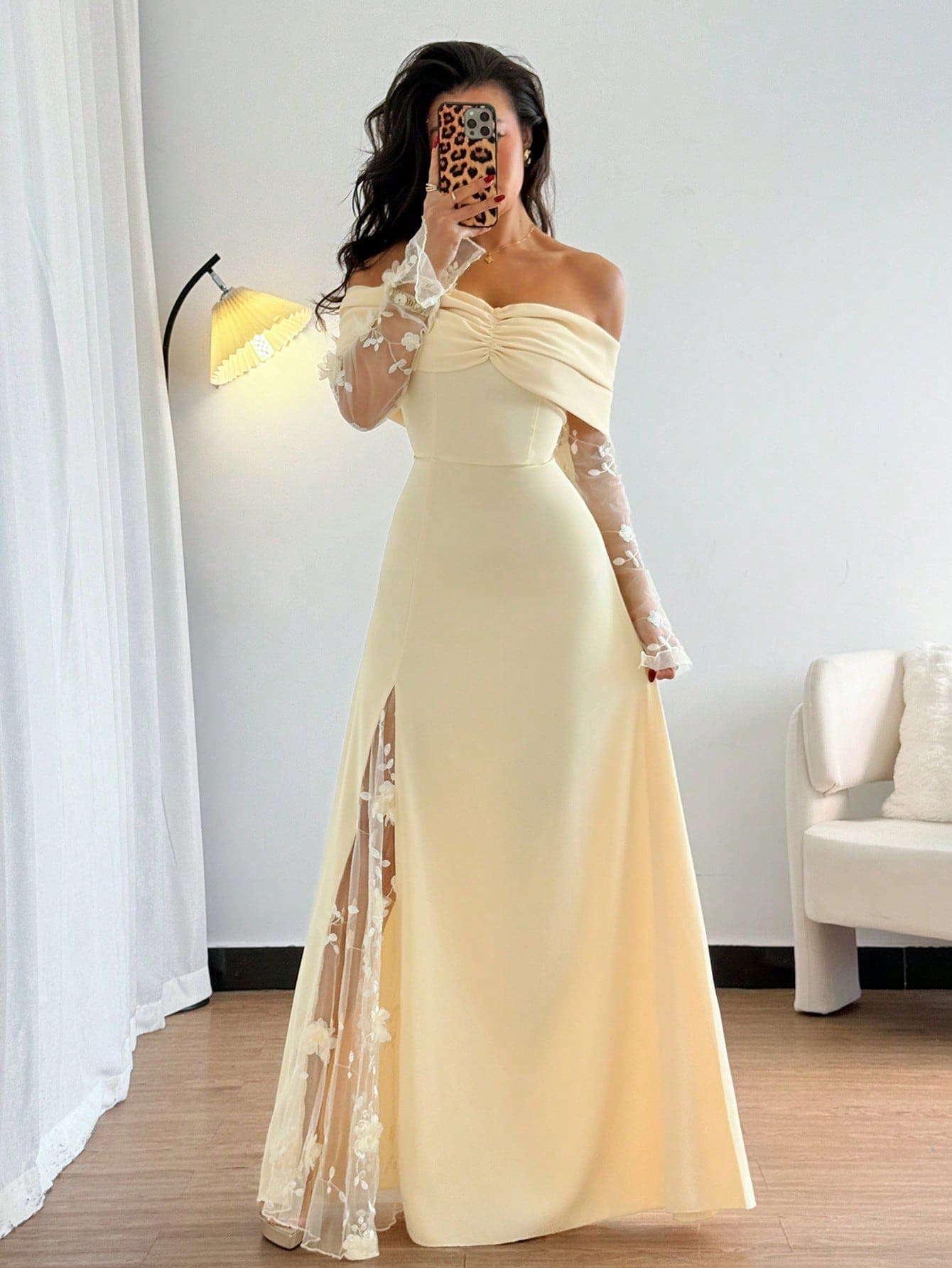 Rafferiza 女士时尚优雅露肩网纱拼接长袖连衣裙，适合派对和约会