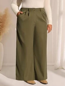 EMERY ROSE Plus Size Fashion Commuter Office Business Formal Solid Color Wide Leg Pants Olive Green Summer Casual Baggy Smart Elegant - Army Green - View 3