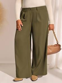 EMERY ROSE Plus Size Fashion Commuter Office Business Formal Solid Color Wide Leg Pants Olive Green Summer Casual Baggy Smart Elegant - Army Green - View 5