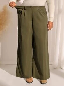 EMERY ROSE Plus Size Fashion Commuter Office Business Formal Solid Color Wide Leg Pants Olive Green Summer Casual Baggy Smart Elegant - Army Green - View 7