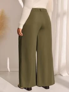 EMERY ROSE Plus Size Fashion Commuter Office Business Formal Solid Color Wide Leg Pants Olive Green Summer Casual Baggy Smart Elegant - Army Green - View 2