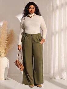 EMERY ROSE Plus Size Fashion Commuter Office Business Formal Solid Color Wide Leg Pants Olive Green Summer Casual Baggy Smart Elegant - Army Green - View 6