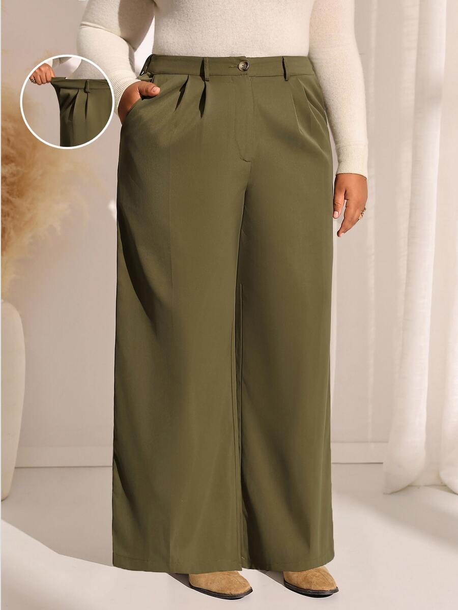 EMERY ROSE Plus Size Fashion Commuter Office Business Formal Solid Color Wide Leg Pants Olive Green Summer Casual Baggy Smart Elegant - Army Green - View 1