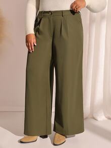 EMERY ROSE Plus Size Fashion Commuter Office Business Formal Solid Color Wide Leg Pants Olive Green Summer Casual Baggy Smart Elegant - Army Green - View 4