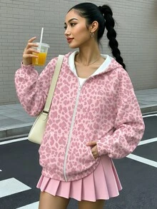 青少年女孩 1 件粉色豹紋拉鍊連帽衛衣上衣，長袖休閒秋冬款 - 彩色 - 查看 4