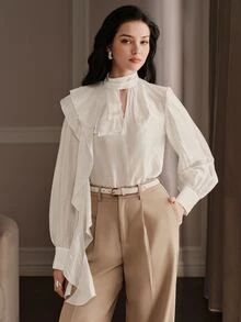 Anewsta Autumn Fashion Modern Shiny Textured Design Ruffle Trim Commuter Casual Women's Blouse - White - View 5