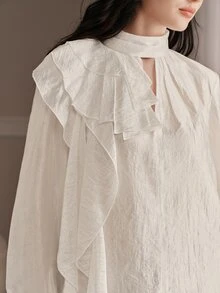 Anewsta Autumn Fashion Modern Shiny Textured Design Ruffle Trim Commuter Casual Women's Blouse - White - View 2