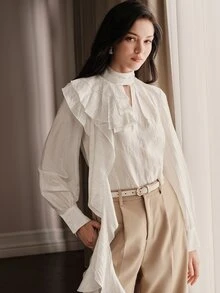 Anewsta Autumn Fashion Modern Shiny Textured Design Ruffle Trim Commuter Casual Women's Blouse - White - View 6