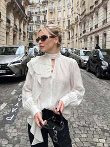 Anewsta Autumn Fashion Modern Shiny Textured Design Ruffle Trim Commuter Casual Women's Blouse - White - View 9
