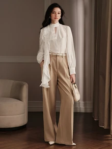 Anewsta Autumn Fashion Modern Shiny Textured Design Ruffle Trim Commuter Casual Women's Blouse - White - View 4