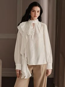 Anewsta Autumn Fashion Modern Shiny Textured Design Ruffle Trim Commuter Casual Women's Blouse - White - View 7
