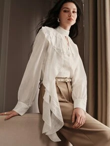 Anewsta Autumn Fashion Modern Shiny Textured Design Ruffle Trim Commuter Casual Women's Blouse - White - View 3