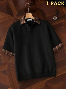 AKNOTIC 男士休閒針織與梭織拼接格紋修身正肩短袖 Polo 衫，適合日常穿著，修身版型，商務休閒風 - 黑色 - 查看 4