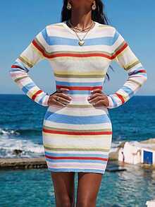SHEIN Women's Colorful Striped Knit Vacation Dress - Multicolor - View 4