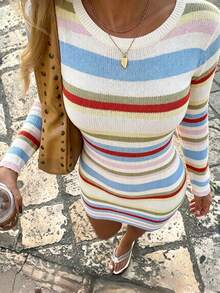 SHEIN Women's Colorful Striped Knit Vacation Dress - Multicolor - View 3