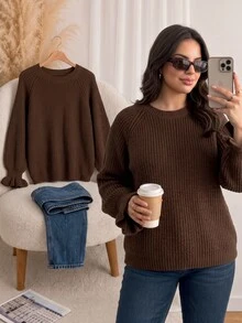 Elaquor Sweater Pullover Lengan Panjang Leher Bulat Dolman Warna Cokelat Ukuran Plus untuk Wanita, Model Kasual Serbaguna untuk Musim Gugur/Dingin - Coklat - View 7