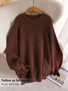 Elaquor Sweater Pullover Lengan Panjang Leher Bulat Dolman Warna Cokelat Ukuran Plus untuk Wanita, Model Kasual Serbaguna untuk Musim Gugur/Dingin - Coklat - View 4