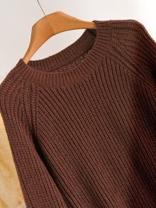 Elaquor Sweater Pullover Lengan Panjang Leher Bulat Dolman Warna Cokelat Ukuran Plus untuk Wanita, Model Kasual Serbaguna untuk Musim Gugur/Dingin - Coklat - View 5