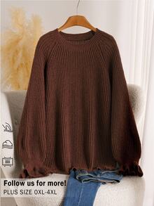 Elaquor Sweater Pullover Lengan Panjang Leher Bulat Dolman Warna Cokelat Ukuran Plus untuk Wanita, Model Kasual Serbaguna untuk Musim Gugur/Dingin - Coklat - View 2