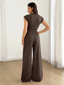 SHEIN Tall 女款卡其色單排扣短袖針織上衣與長褲2件套，適合夏季度假、機場穿搭 - 棕色 - 查看 7
