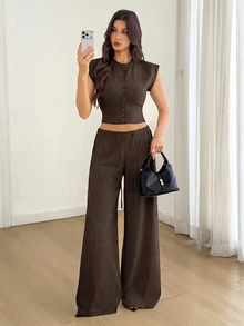 SHEIN Tall 女款卡其色單排扣短袖針織上衣與長褲2件套，適合夏季度假、機場穿搭 - 棕色 - 查看 4