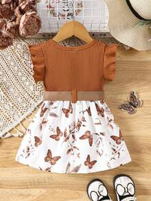 SHEIN Baby Girl Casual Daily Basic Cute Butterfly Pattern Printed Dress With Belt, Suitable For Outings - Brown - View 2