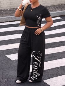 Muchica Plus Size Letter Print Cropped T-Shirt And Loose Pocket Pants 2 Pieces Set - Black - View 1