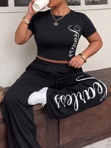 Muchica Plus Size Letter Print Cropped T-Shirt And Loose Pocket Pants 2 Pieces Set - Black - View 4