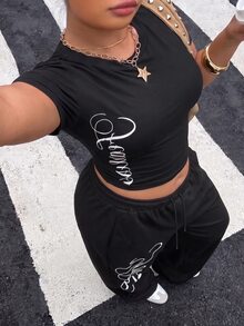 Muchica Plus Size Letter Print Cropped T-Shirt And Loose Pocket Pants 2 Pieces Set - Black - View 3