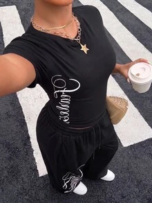 Muchica Plus Size Letter Print Cropped T-Shirt And Loose Pocket Pants 2 Pieces Set - Black - View 6