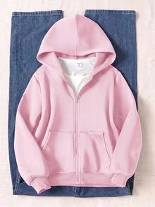 SHEIN 青少年女孩秋冬休閒連帽開襟外套 - 粉色 - 查看 3