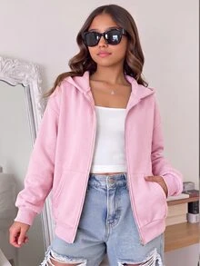 SHEIN 青少年女孩秋冬休閒連帽開襟外套 - 粉色 - 查看 1