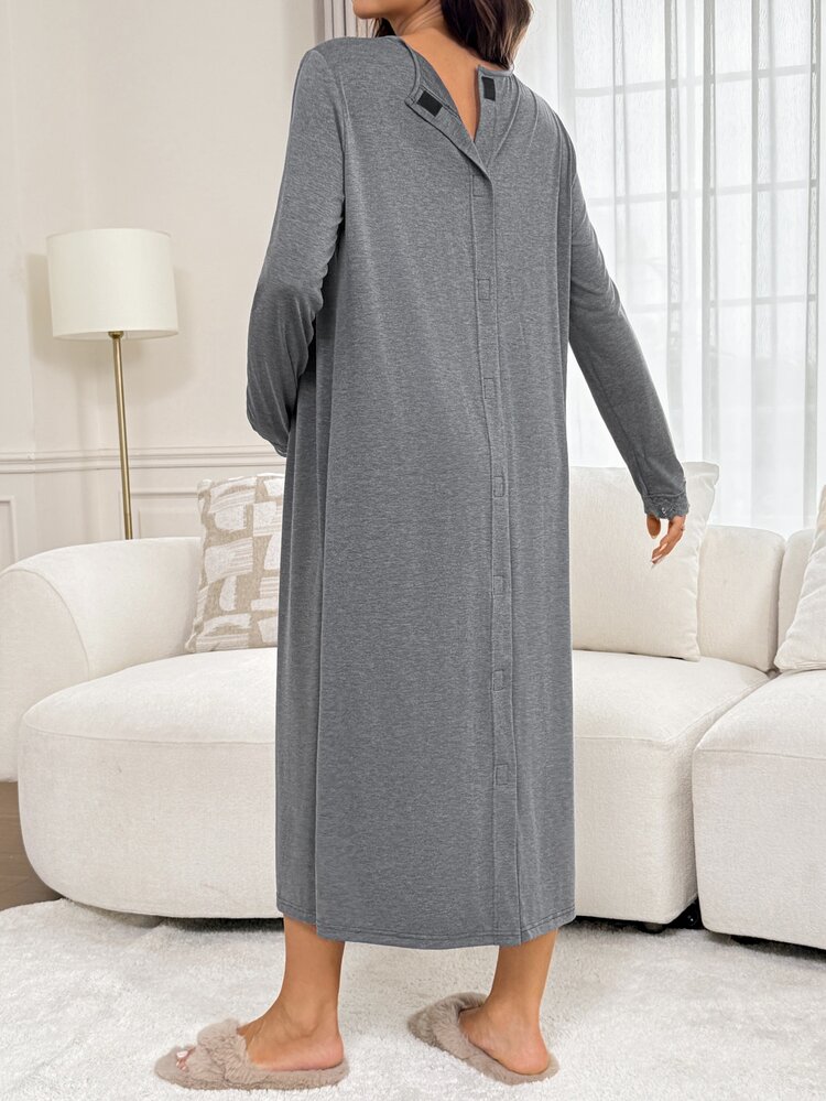 Slowluna Maternity Lace Patchwork Nursing Functional Button Long Sleeve Dress - Black - View 5