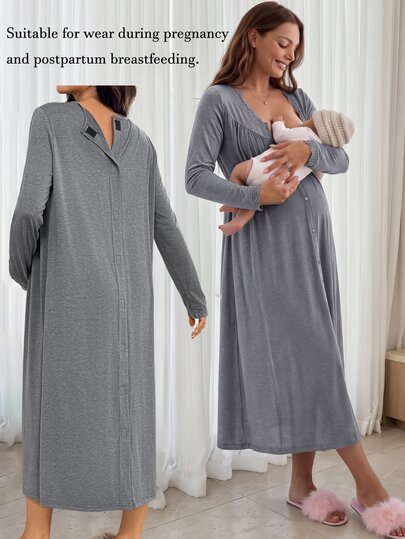 Slowluna Maternity Lace Patchwork Nursing Functional Button Long Sleeve Dress